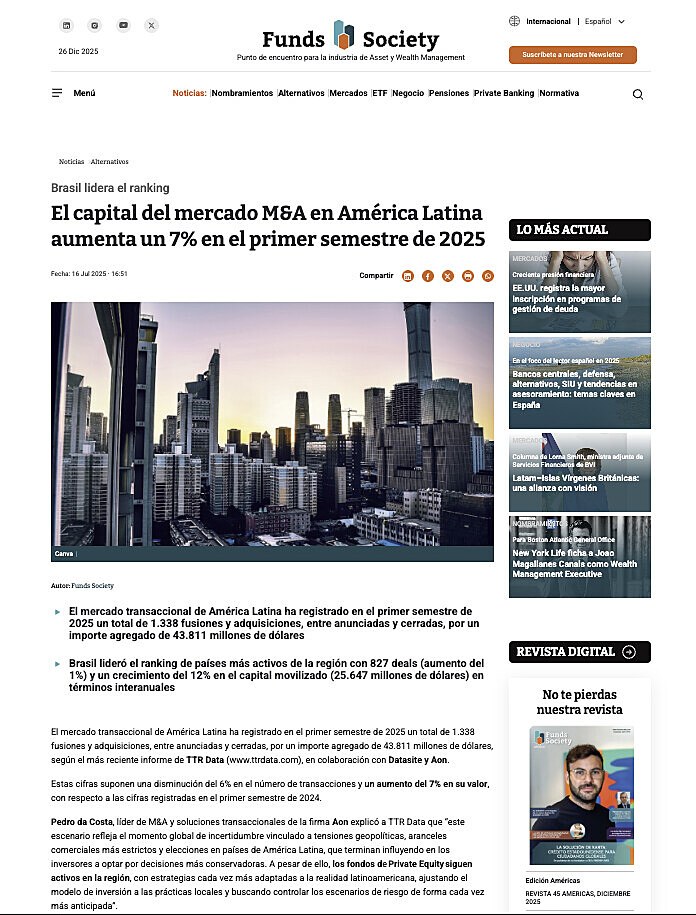 El capital del mercado M&A en Am�rica Latina aumenta un 7% en el primer semestre de 2025